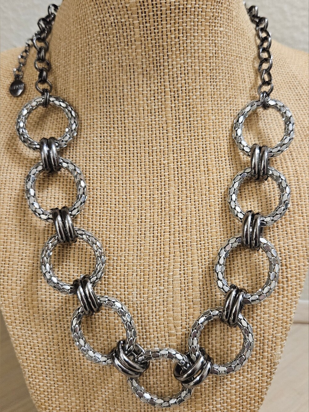 Alfani Necklace Silver Black Gunmetal Woven Loop Circle Links Modern Chain